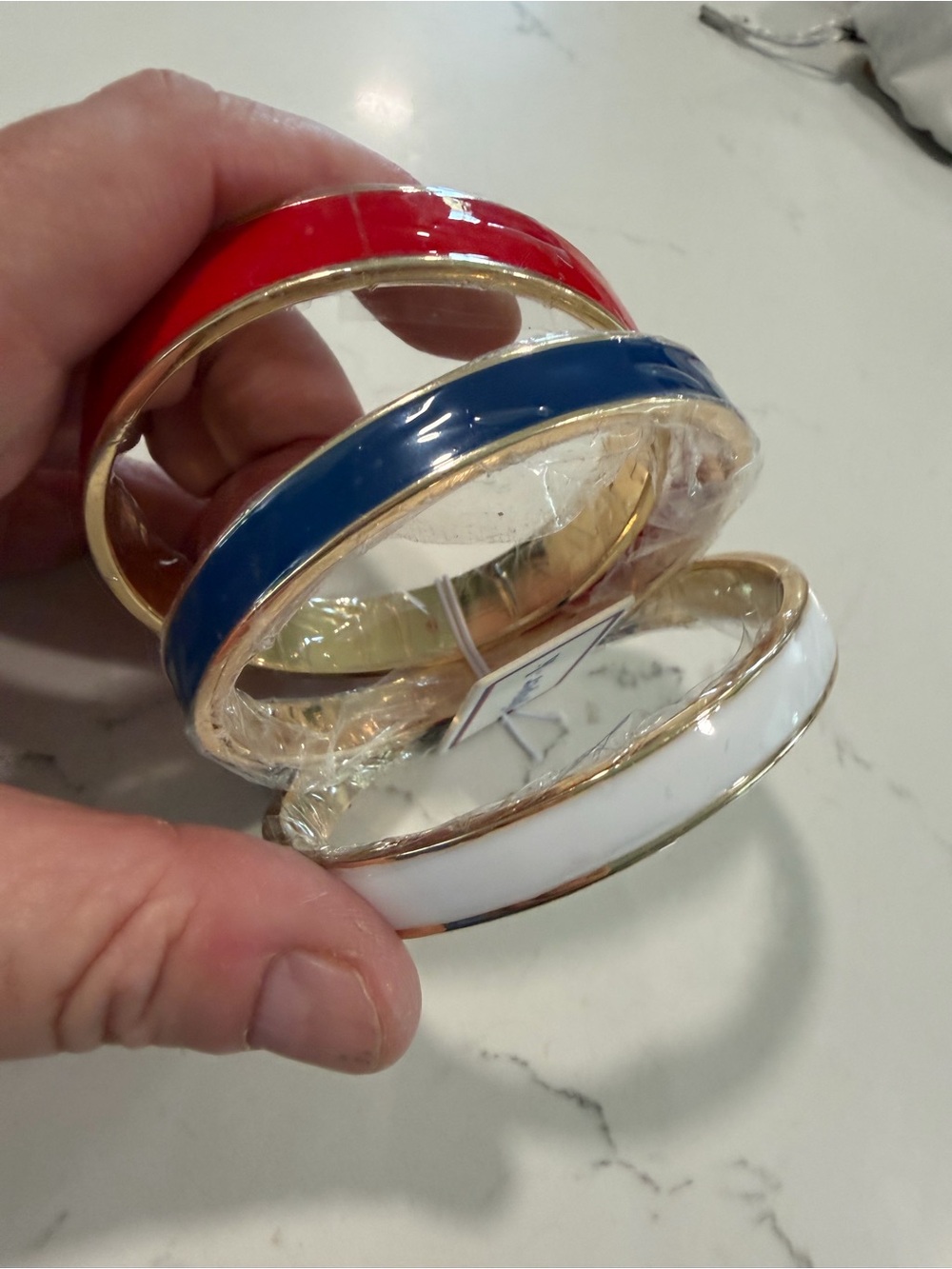 Trio Enamel Bangle Bracelet Set in Red, Blue & White with Gold Trim